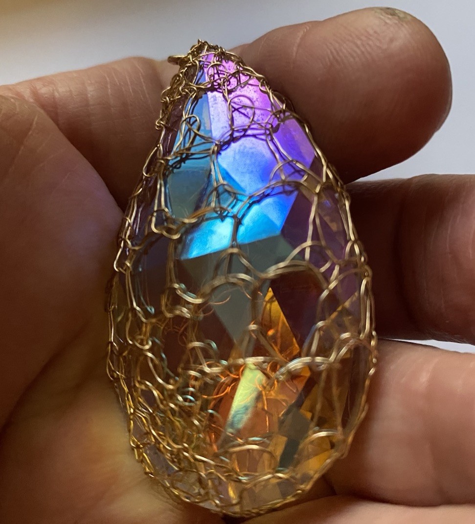 Large, Aurora Borealis Crystal Pendant In 9ct Gold Plated Net Setting