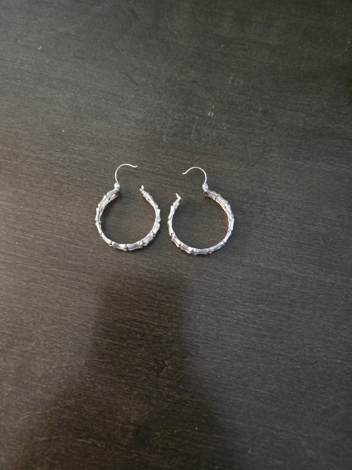 Silver tone textured round hoop dangle earrings fishhook closure