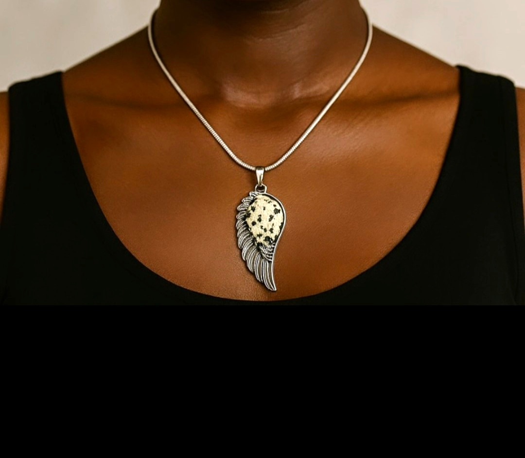 Stainless Steel Angel Dalmatian Jasper Wing Necklace Adjustable Snake Chain