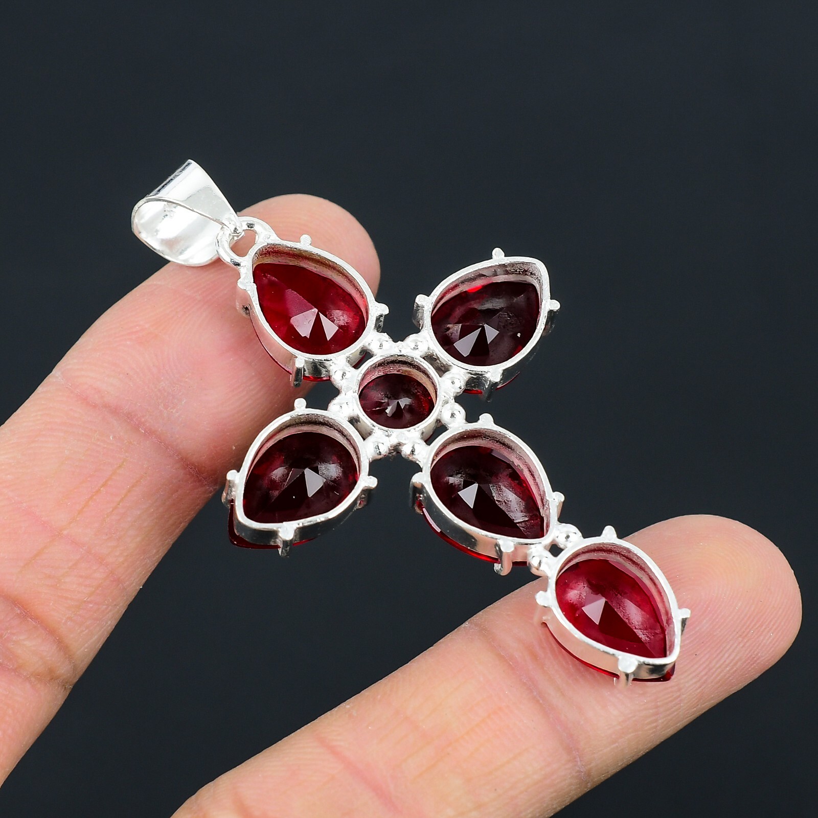Garnet Ethnic Handmade Cross Design Pendant Jewelry Party Wear 2.6″ CP 007