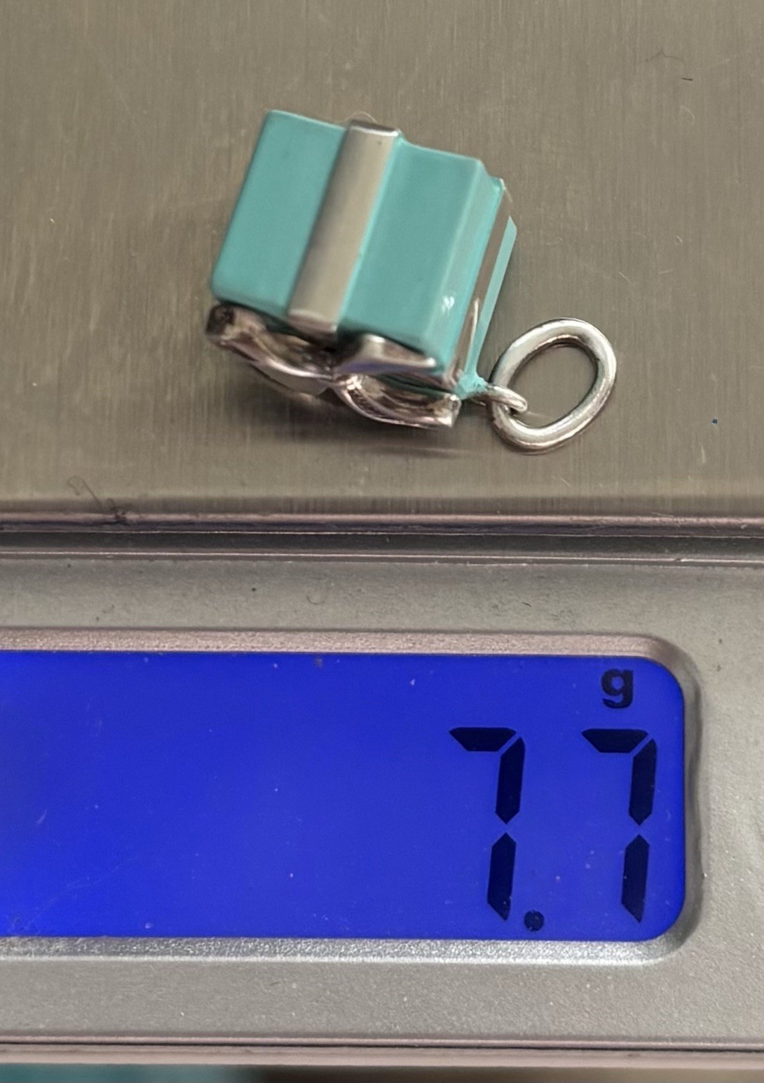 Tiffany & Co 925 Silver & Blue Enamel Present Gift Box .46” Charm 7.7 Gram Pouch