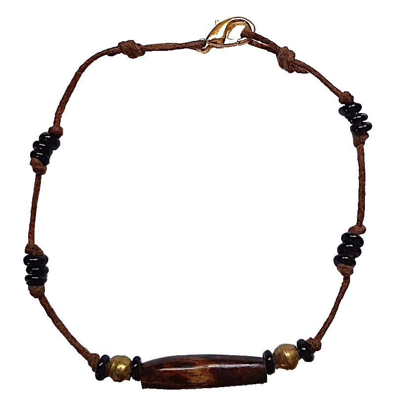 Anklet, Asst Buffalo Bone Bead, 9″, Cotton Cord, Brass, Glass Spacers, Reduced