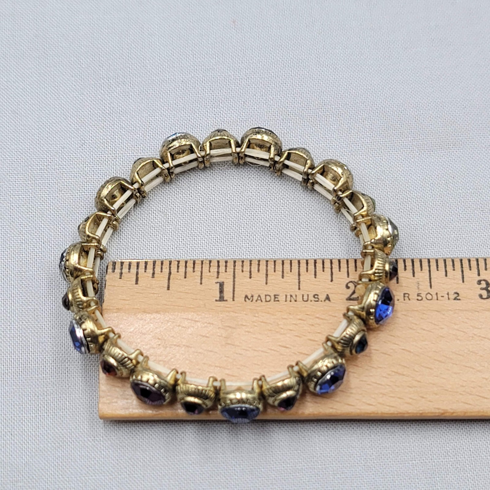 Multicolor Round Rhinestone Bracelet Gold tone Elastic 6.5 in