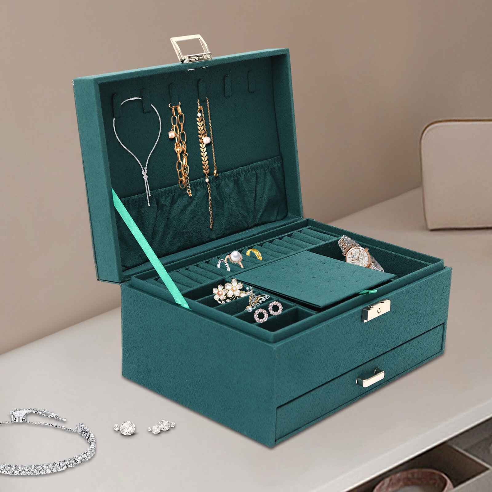 3 Layers Jewelry Box Organizer Large Capacity Ring Earring Necklace Storage New