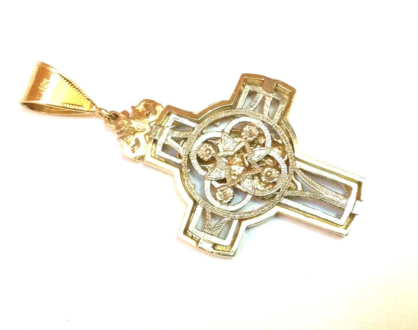 10k Yellow White Gold Heavy Celtic Double Sided Cross Pendant 28.5 Grams