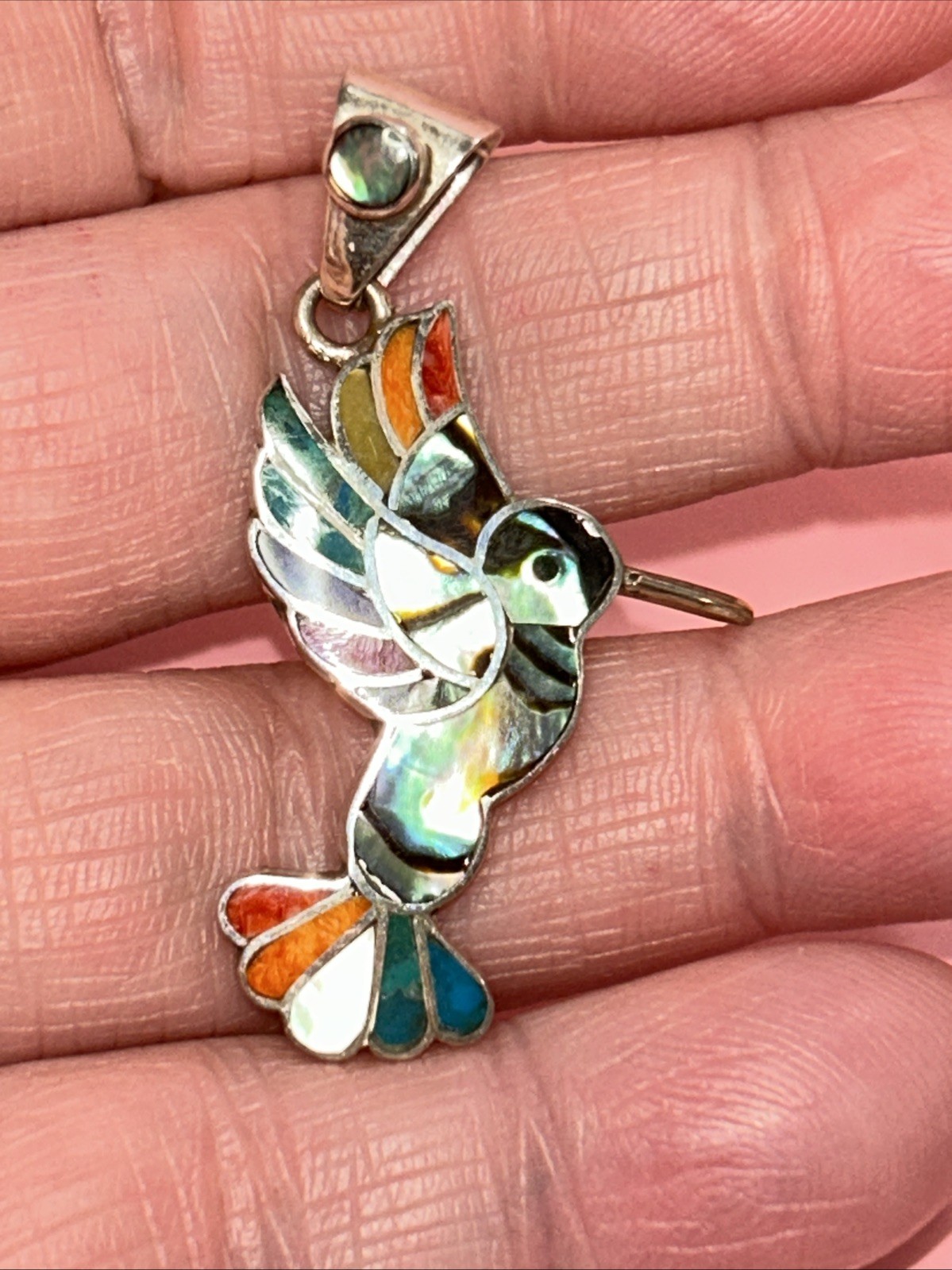 950 Silver Handmade Inlay Hummingbird Abalone Pendant From Peru 1.75”