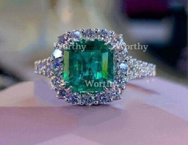 3Ct Lab Created Emerald Diamond Halo Engagement Ring 14K White Gold Finish