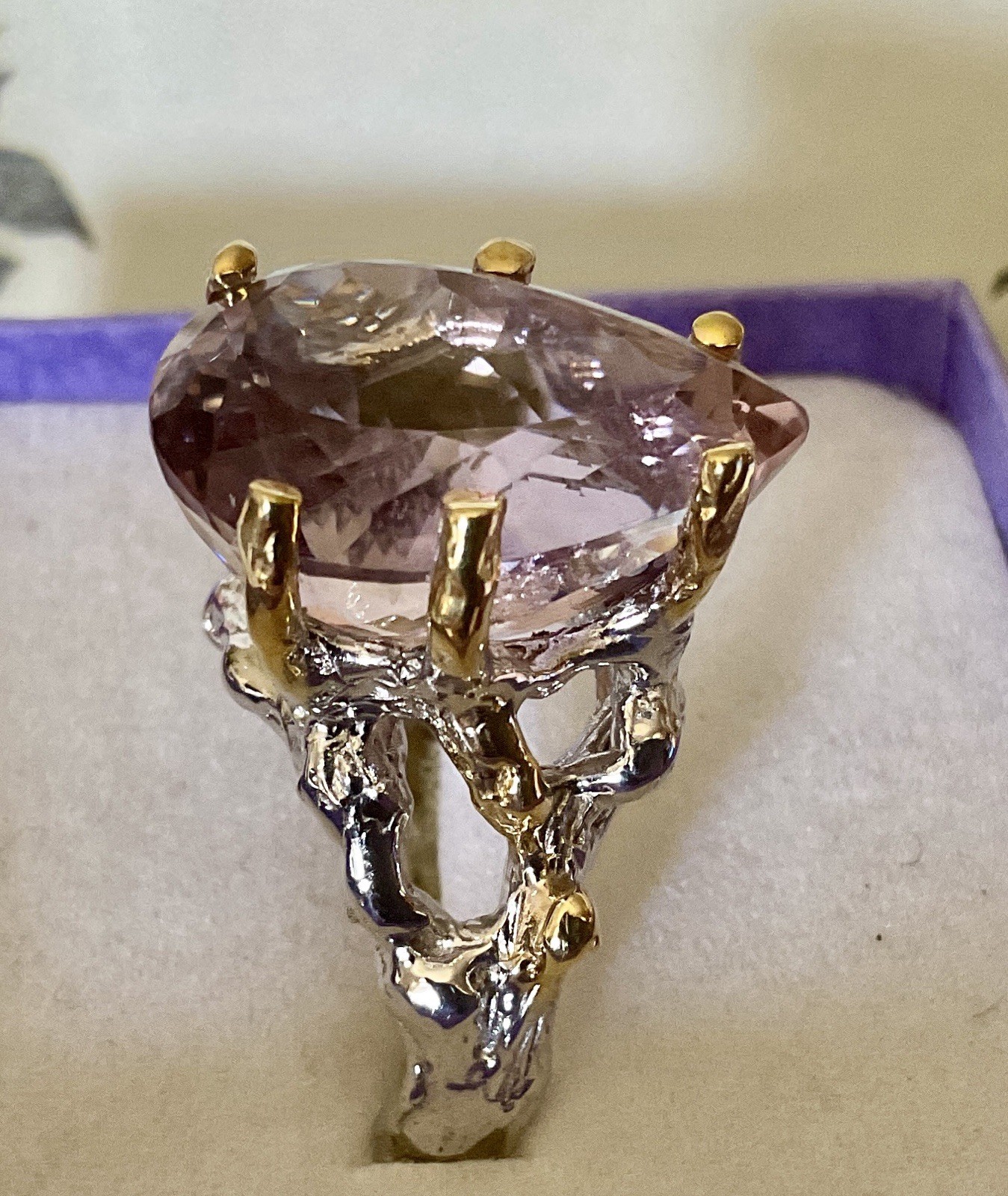LILAC TONED AMETHYST RING – 18X13mm Or 12ctw – SETTING IS IN A TREE BRANCH MOTIF