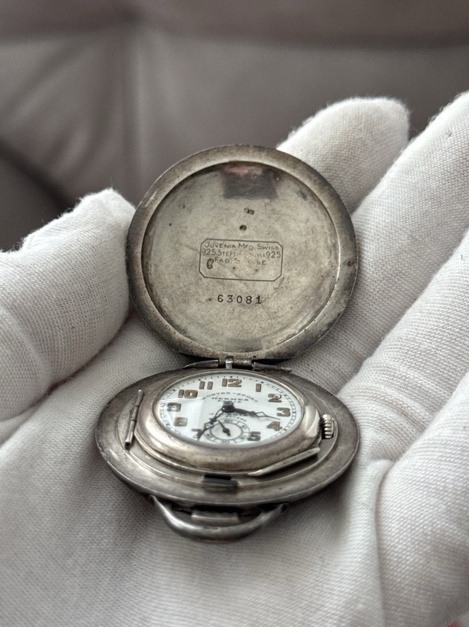 Rare 1920s Art Deco Silver Pocket Watch Hermès Paris Montre-Sport by Juvenia VGC