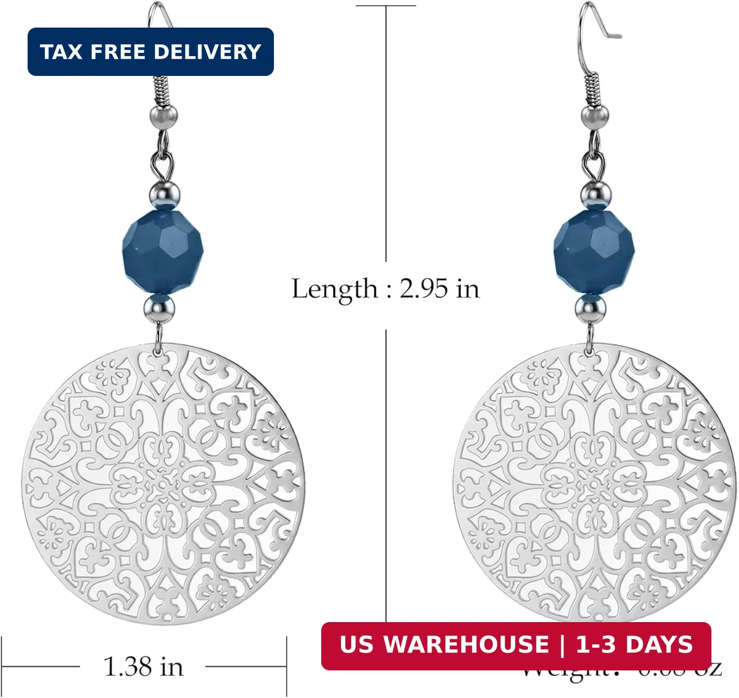 Silver Blue Bead Boho Filigree Dangle Vintage Handmade Round Disc Drop Earrings