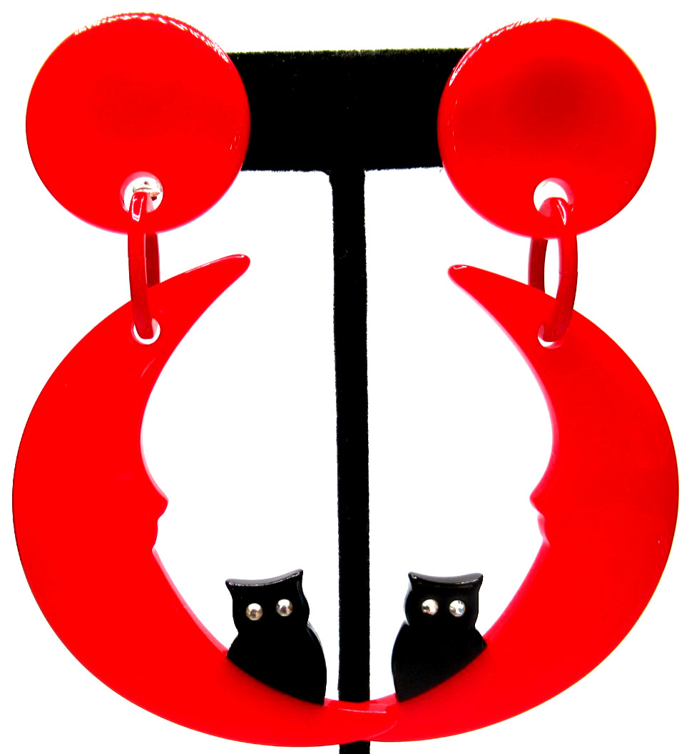 FRENCH Red & Black Lucite Kitty Cat in The Moon Clip Earrings