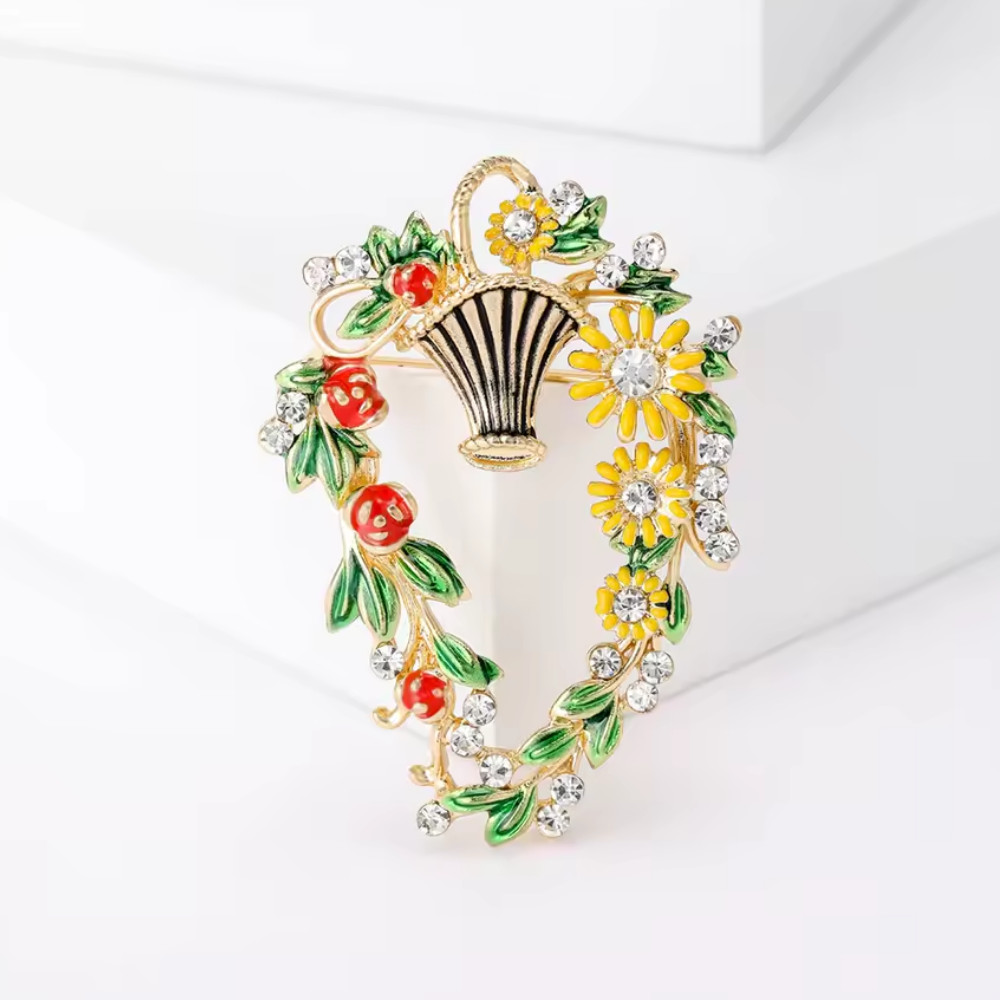 Luxury Easter Spring Flower Basket Brooch Pin Gold Sparkling Crystal Jewelry Gif