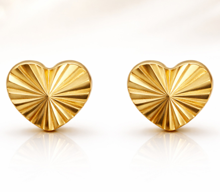 ReaI Italian 1/200 14K Yellow Gold Oro Overlay Heart Stud Earrings Women Ladies