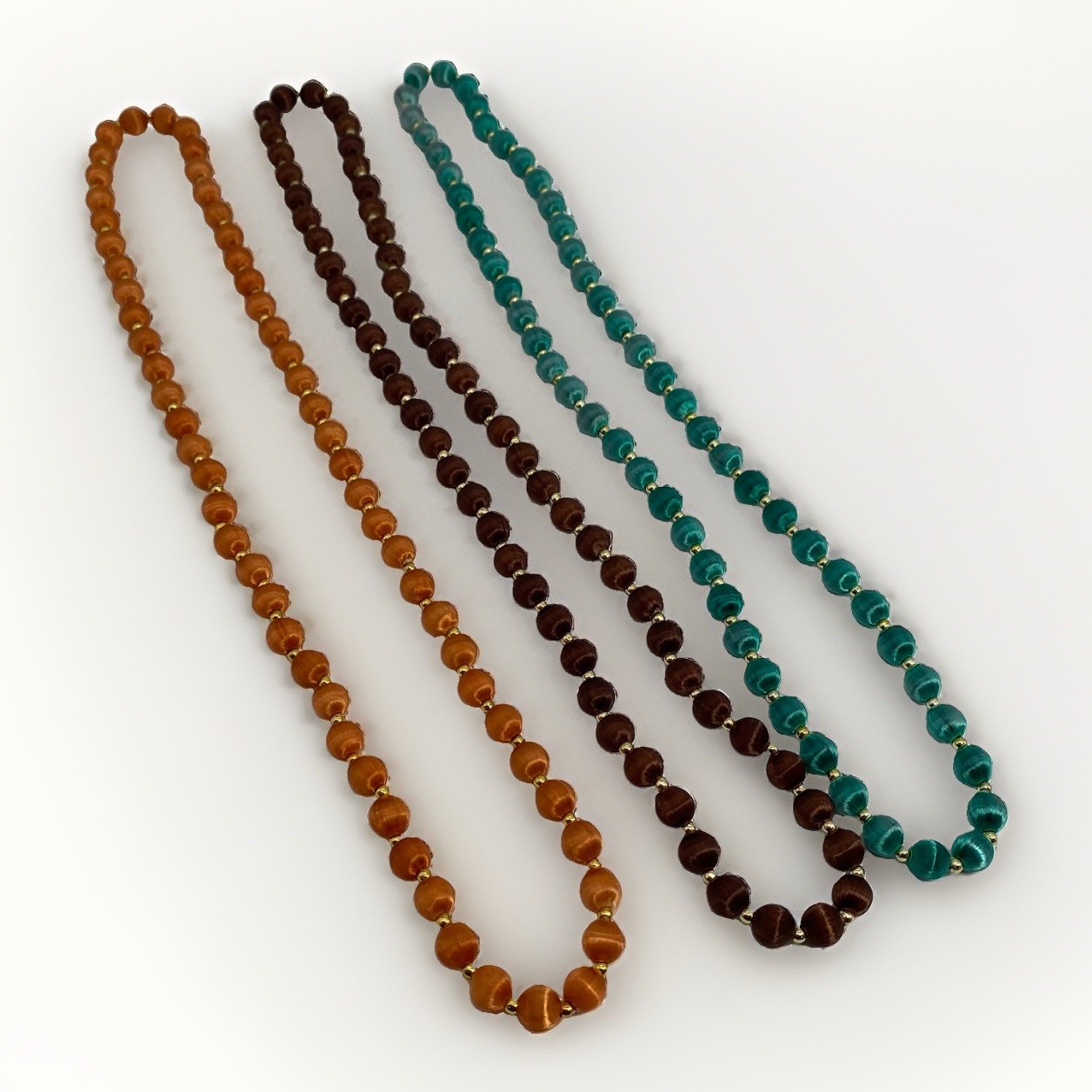 Vintage Necklace Satin Wrapped Beaded Lot Of 3 MCM Retro Silk Strand