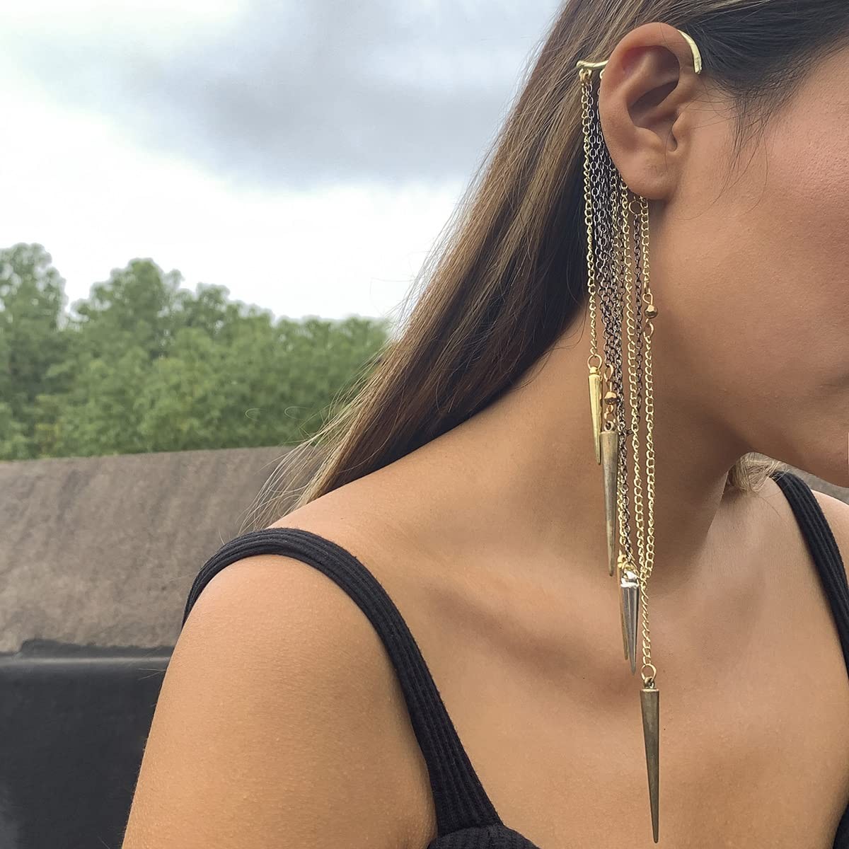 Gothic Retro Long Chain Tassel Ear Cuff Wrap 1pcs Non-Piercing Cone Bar Pendant
