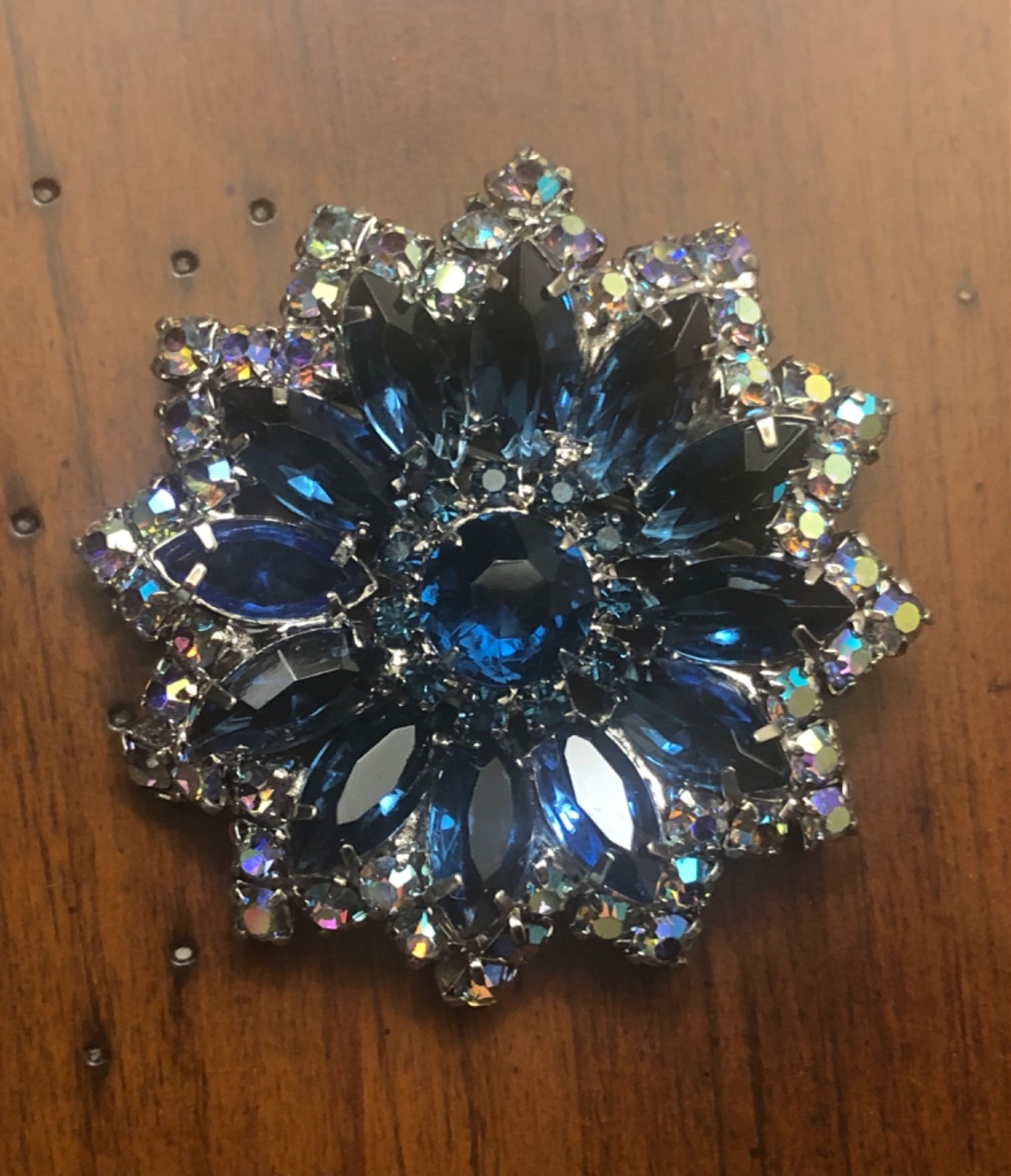 Caribbean Blue Rhinestone Brooch, Layered Navettes ABs, High End, Juliana Style