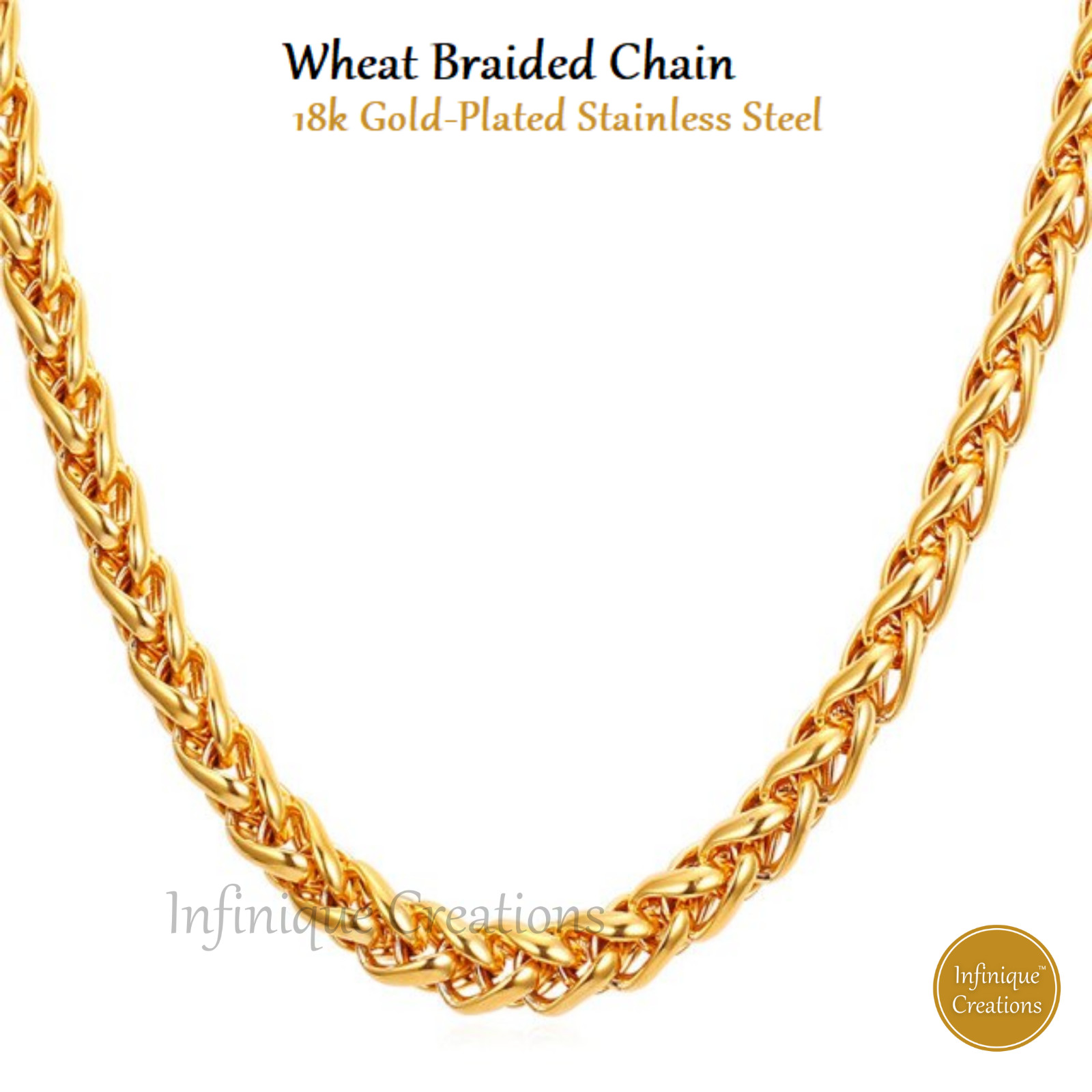 Stainless Steel Wheat Braided Chain 18K Gold Plated 7-38″ Men Bracelet Necklace