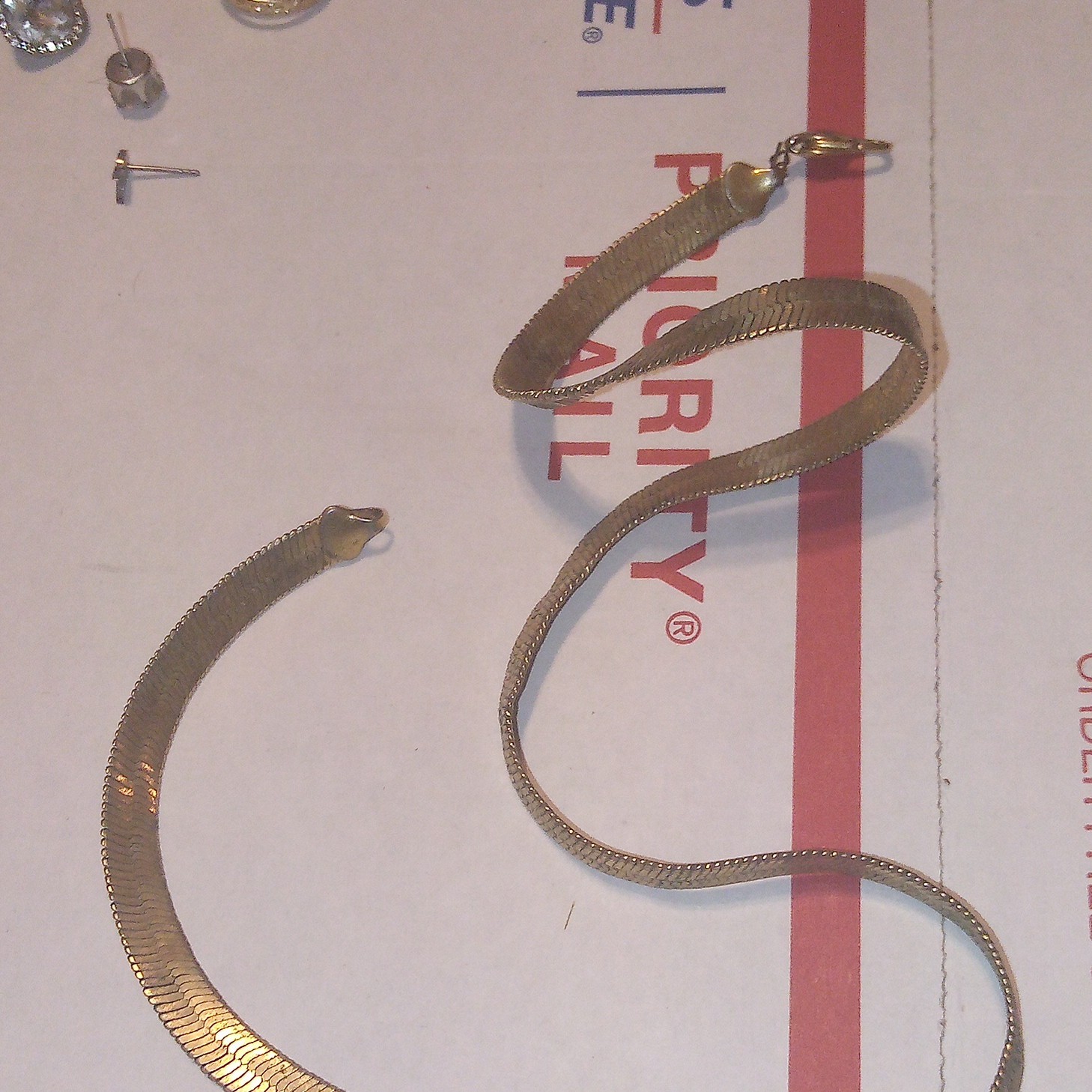 Gold Tone Herringbone Chain Necklace, Metal, No Stone, Lobster Clasp