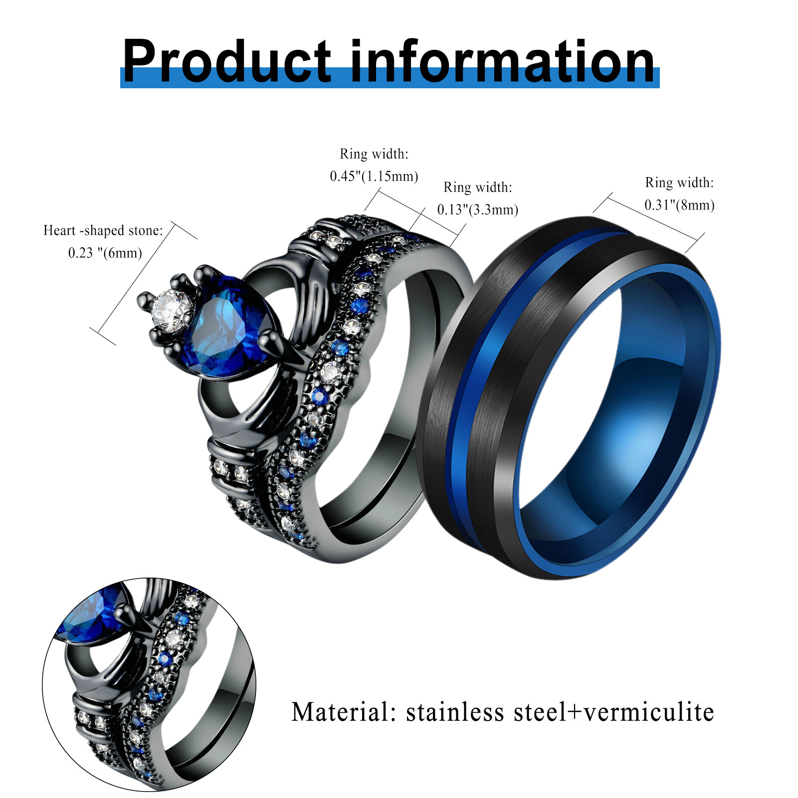 2pcs His&Hers Couple Ring Set Heart Cubic Zirconia Stainless Steel Wedding Band