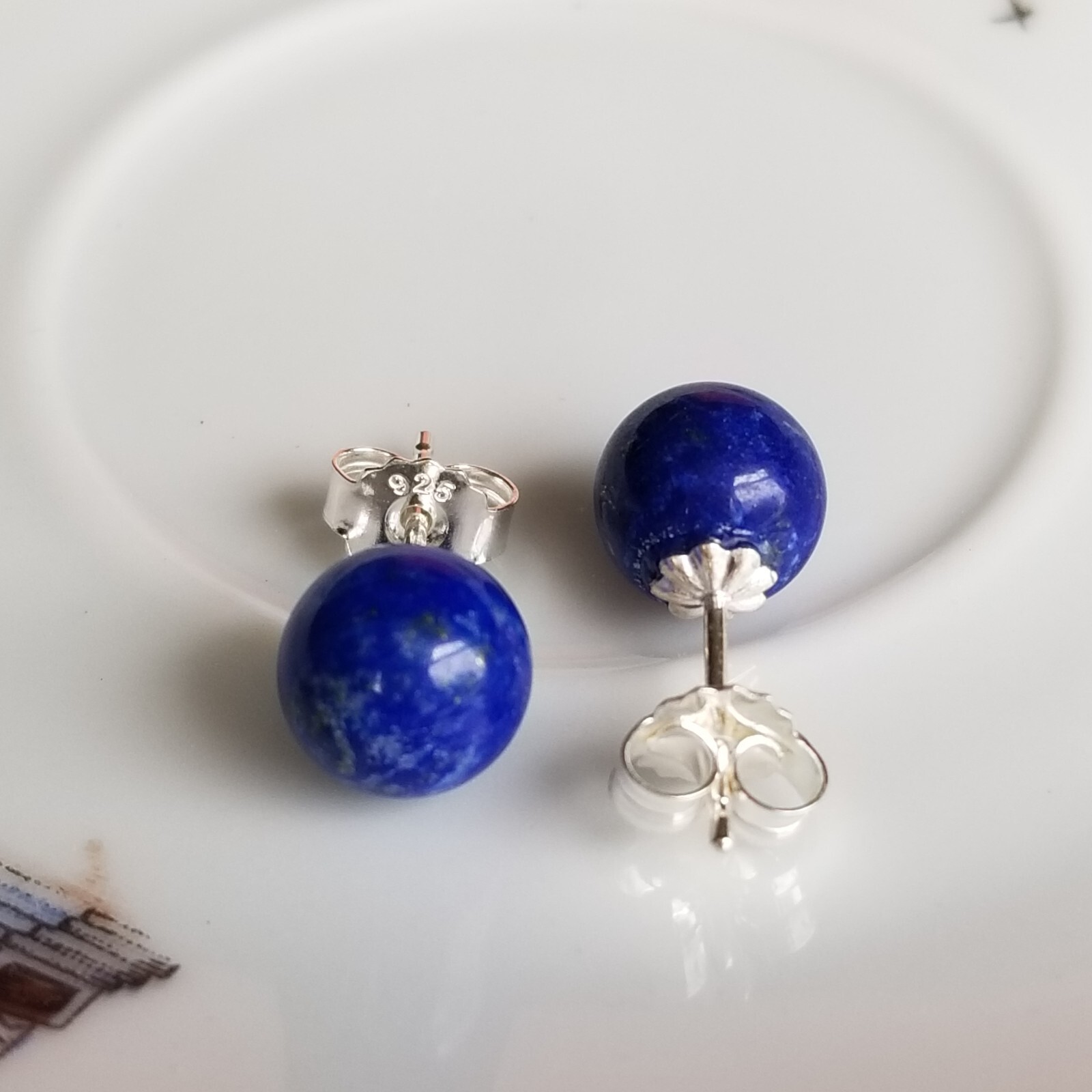 Natural Blue Lapis 8mm Round Ball Fluted Stud Earrings Solid 925 Sterling Sliver