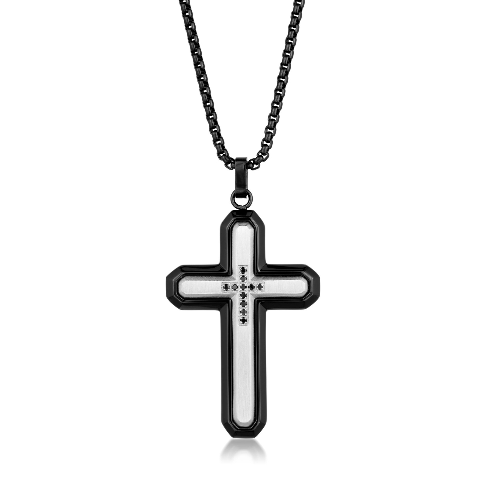 Stainless Steel Black Ion Plated Cross Pendant with 0.06ct. Black Diamonds – 24″