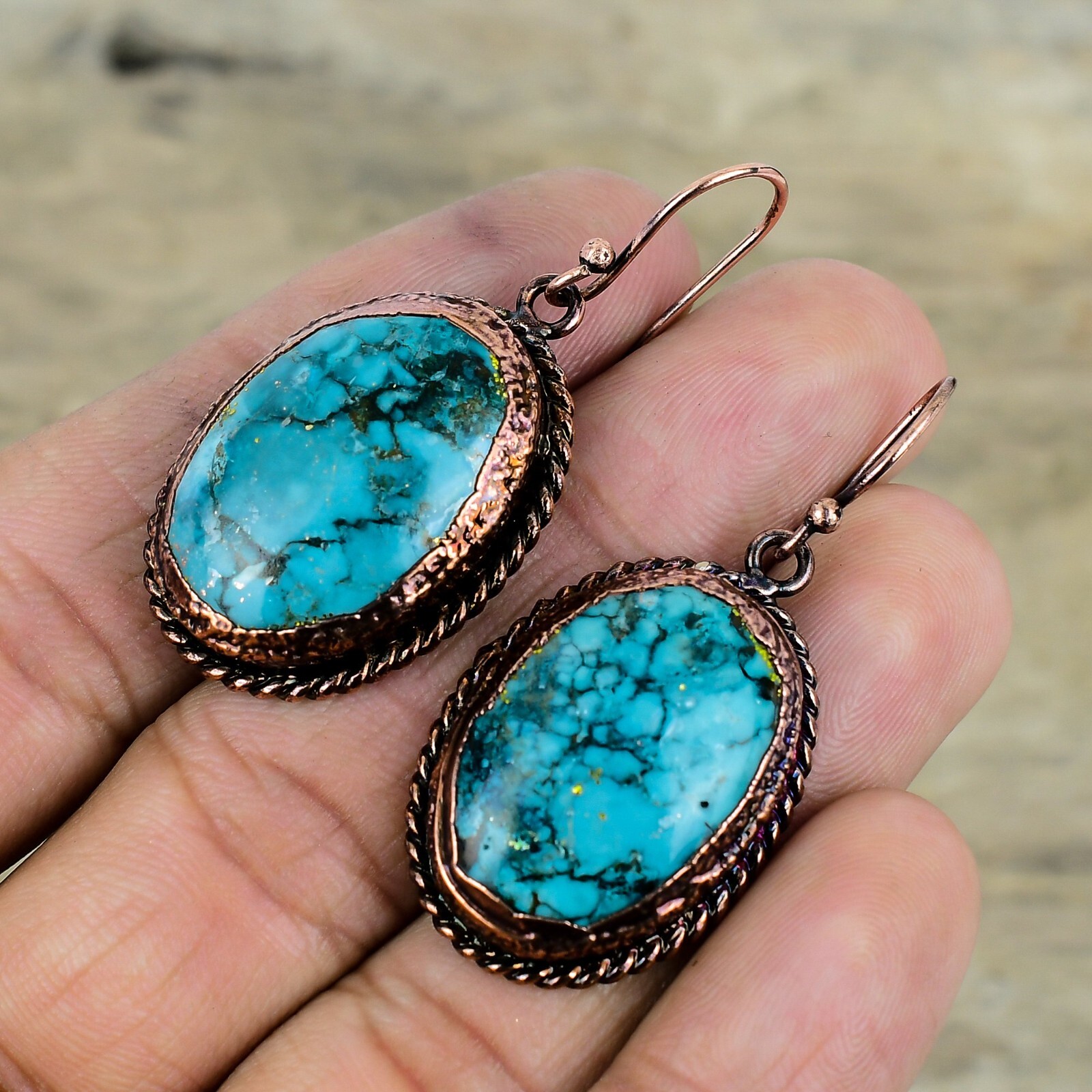 Tibetan Turquoise Electroformed Earrings Handcrafted Copper Designer 1.97″