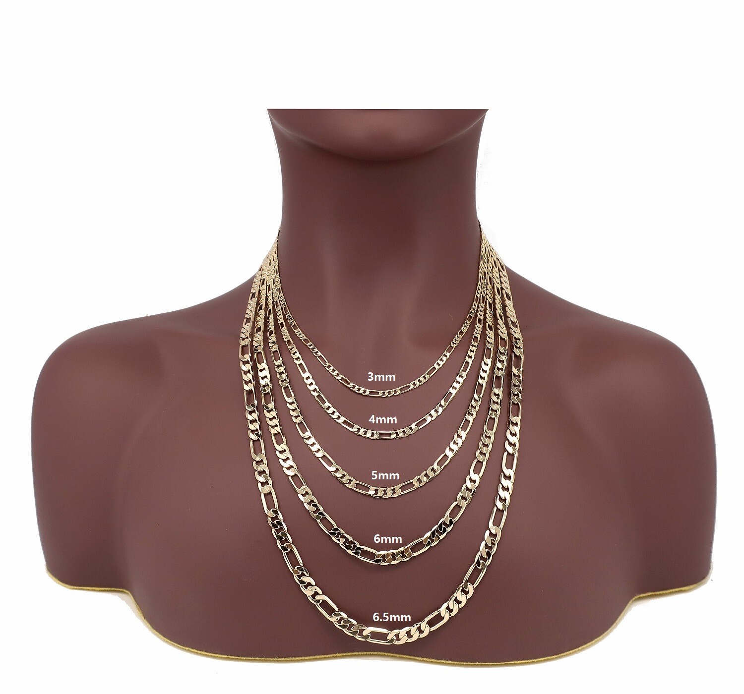 Yellow 14k Italian Figaro Link Chain Necklace Bracelet 3mm to 6.5mm Gold Plated