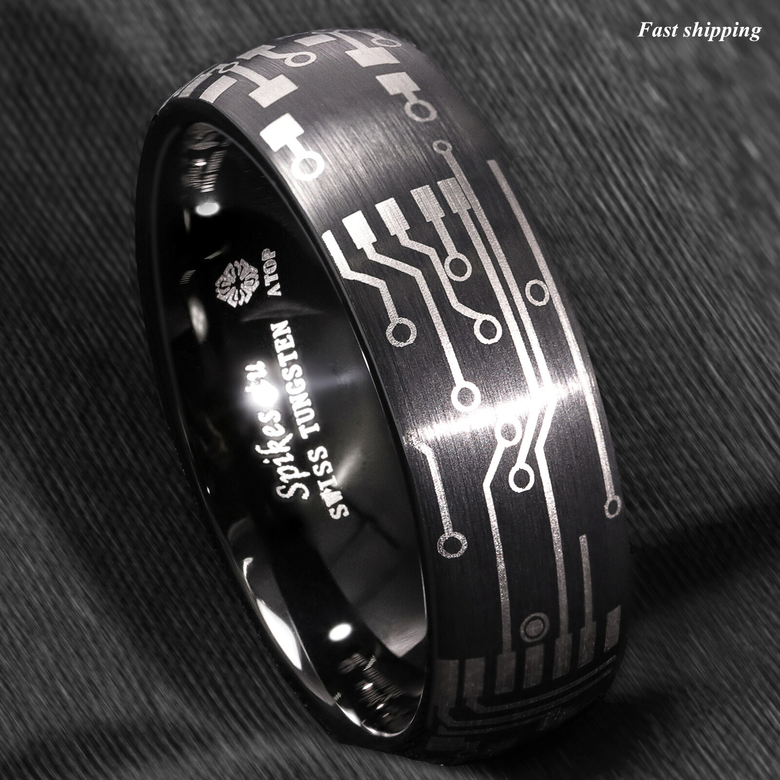 Dome Brushed Black Tungsten Carbide Ring Laser Circuit Board ATOP Men Jewelry