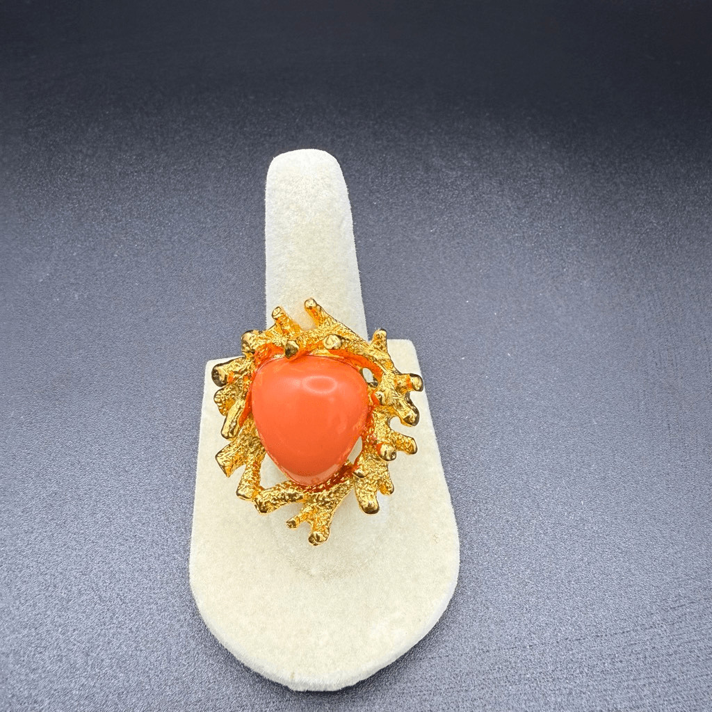 Kenneth Jay Lane coral reef adjustable ring orange gemstone set in gold New sz 6