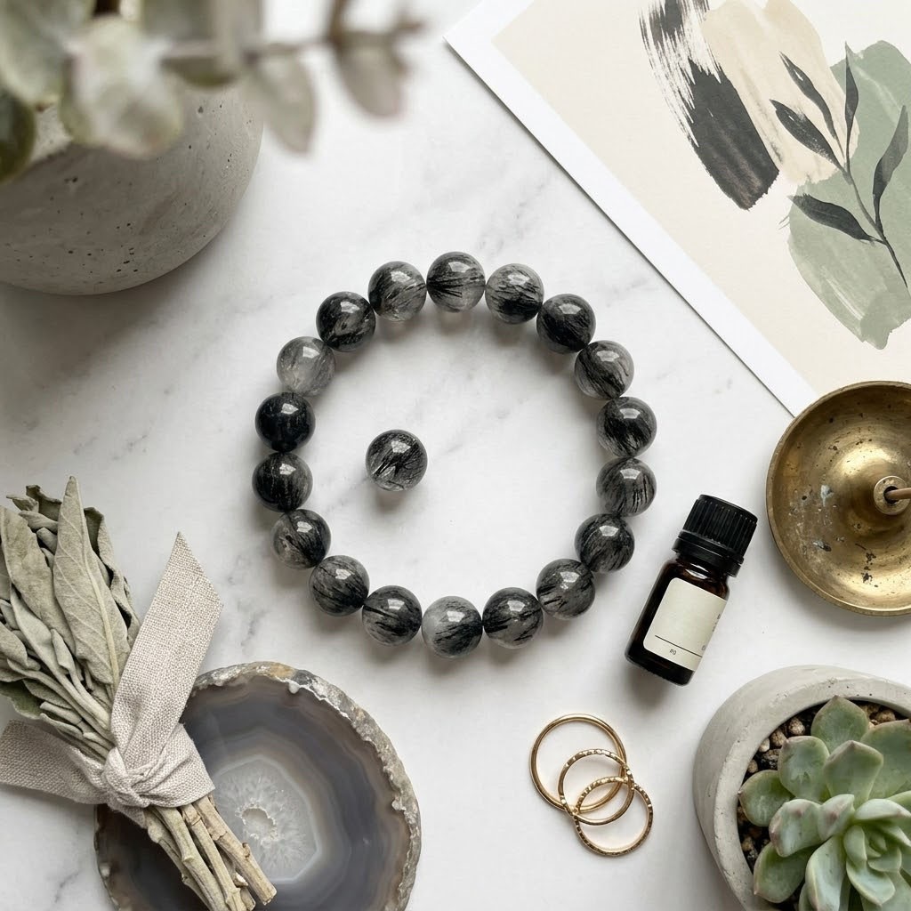 11mm Black Rutilated Quartz Bracelet Natural Crystal Round Beads 18 cm Stretch