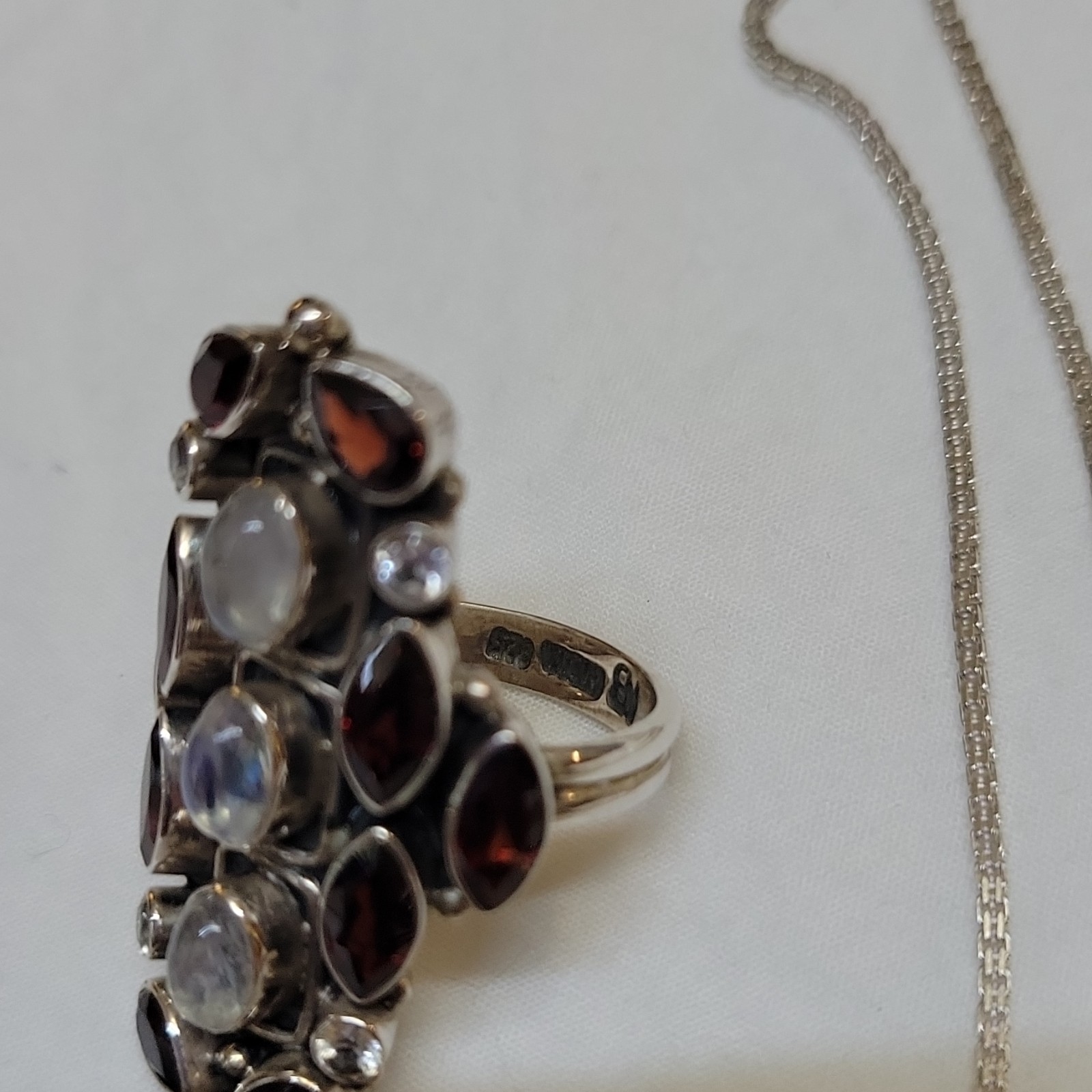 925 Sterling Silver Cross Pendant Necklace Garnet & Moonstone Box Chain Signed