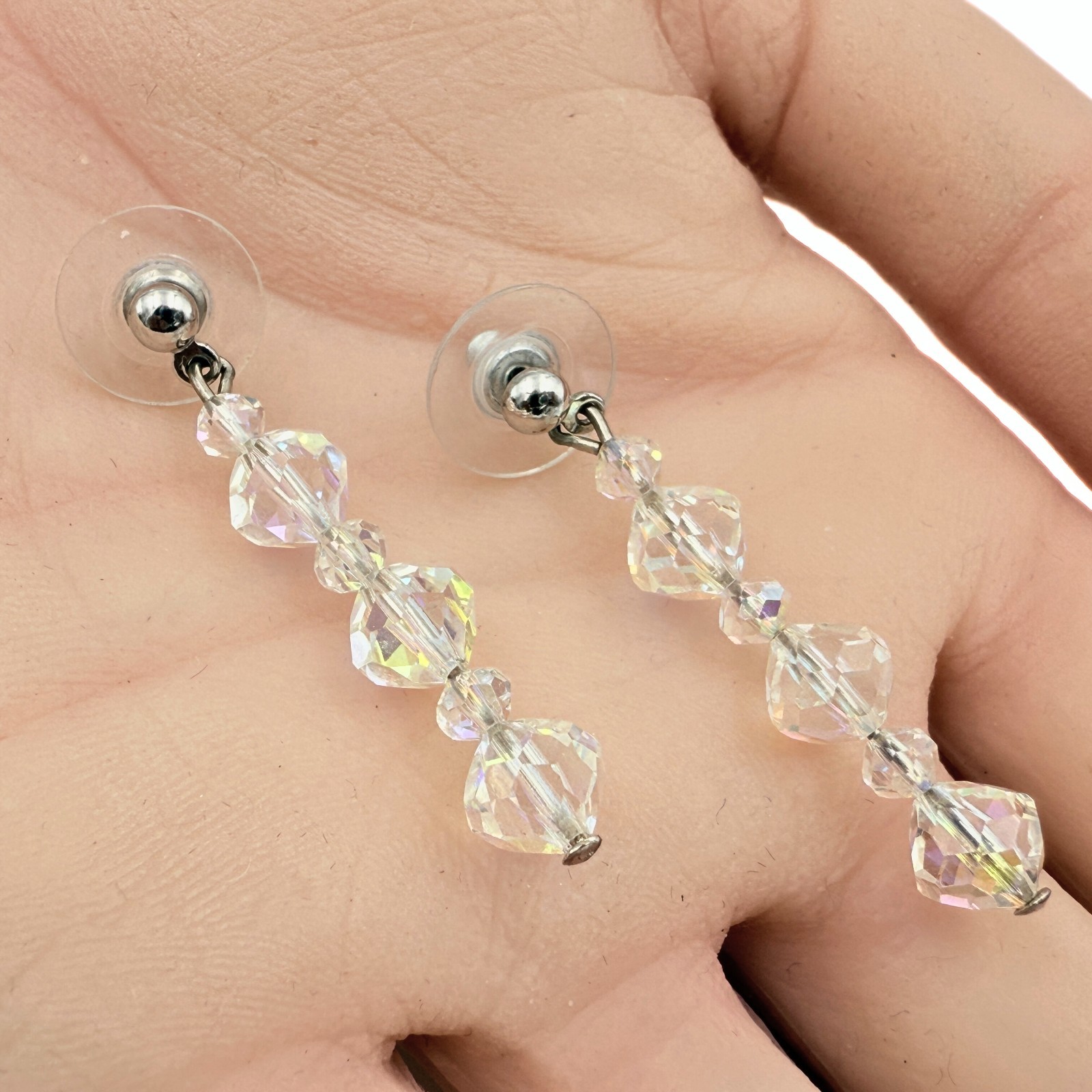 Vintage High End Aurora Borealis Crystal Long Dangle Post Earrings