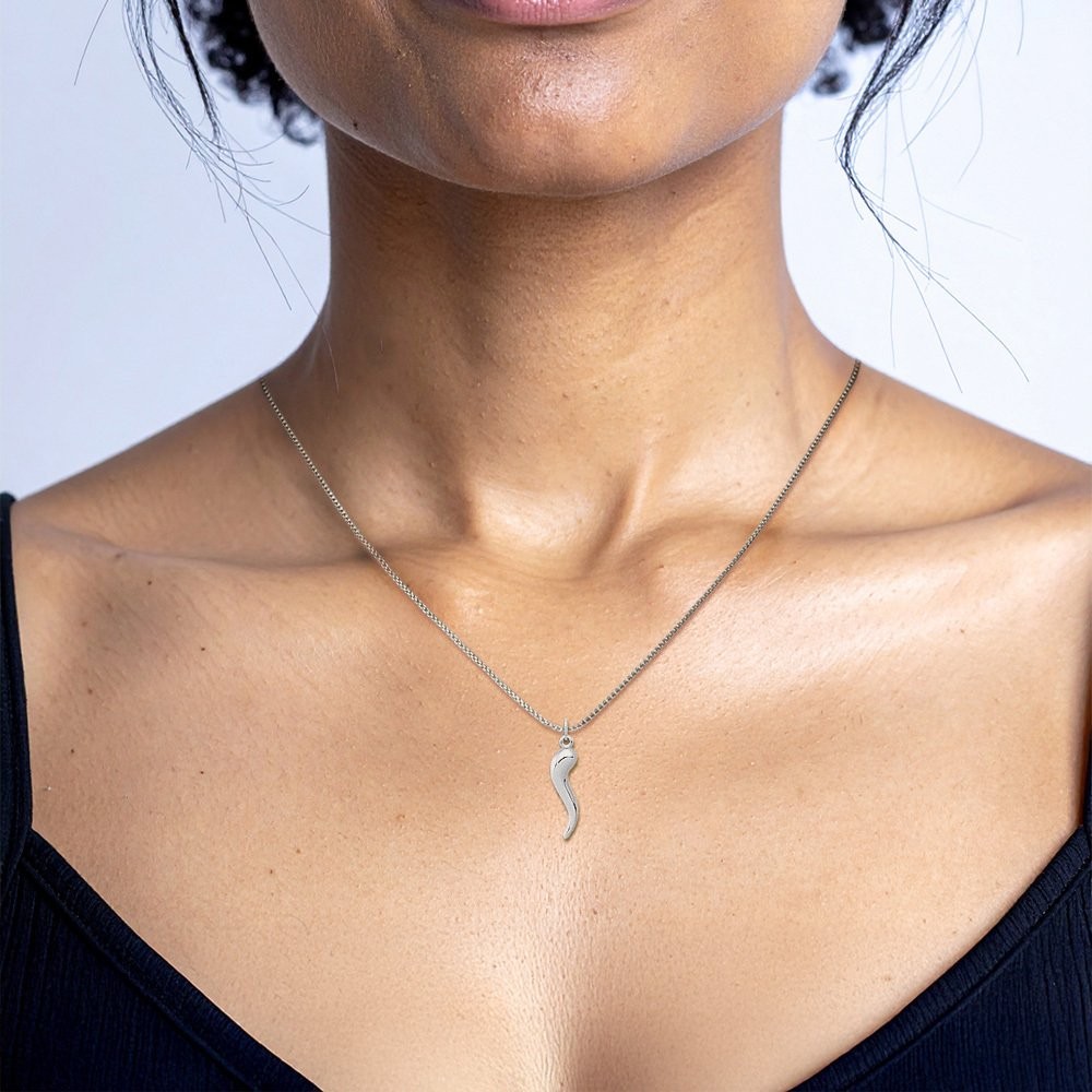 14K Solid White Gold Large Cornicello Italian Horn Pendant Necklace 26.91mm