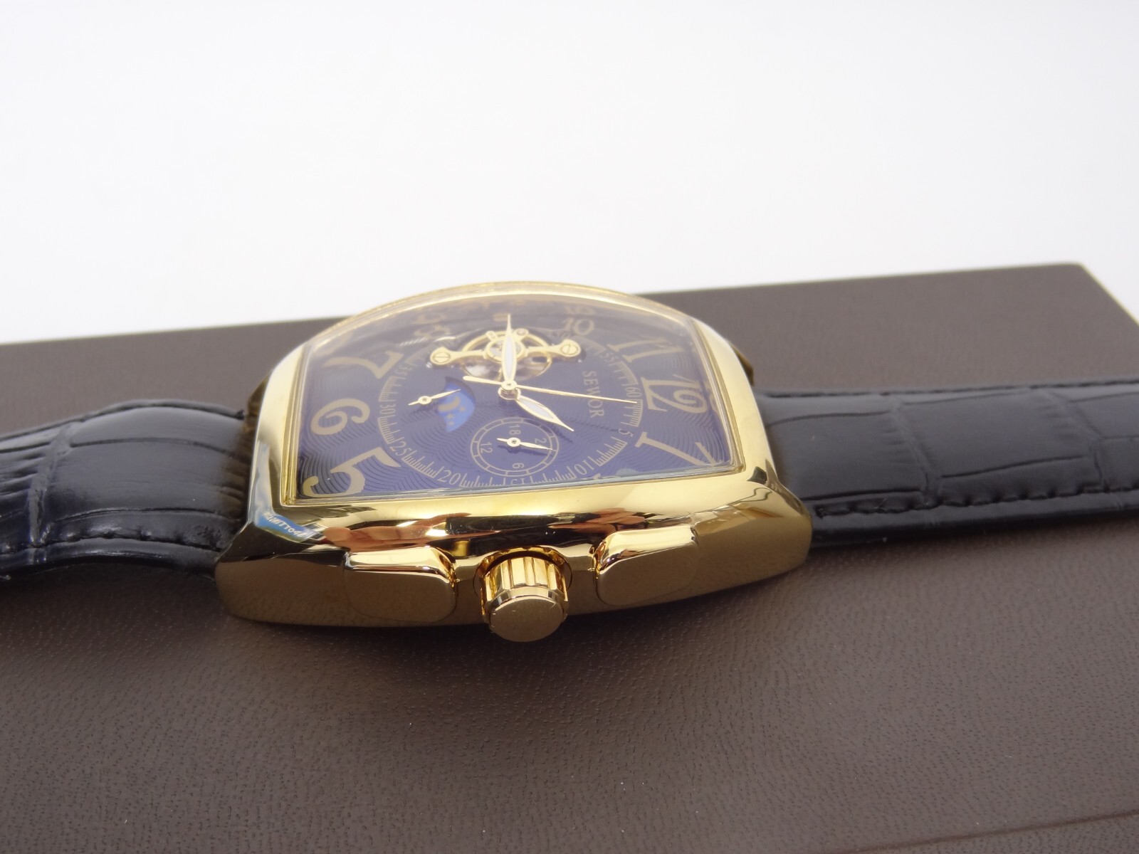 SEWOR Skeleton Watch Mechanical Automatic Self-Wind Leather Bracelet Moon Phase