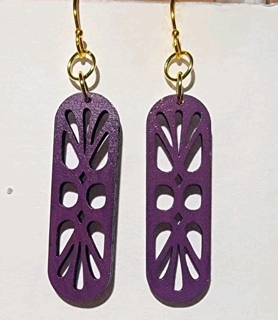 Purple Wooden Rectangle Cutout Dangle/Drop Hook Earrings, No Stone