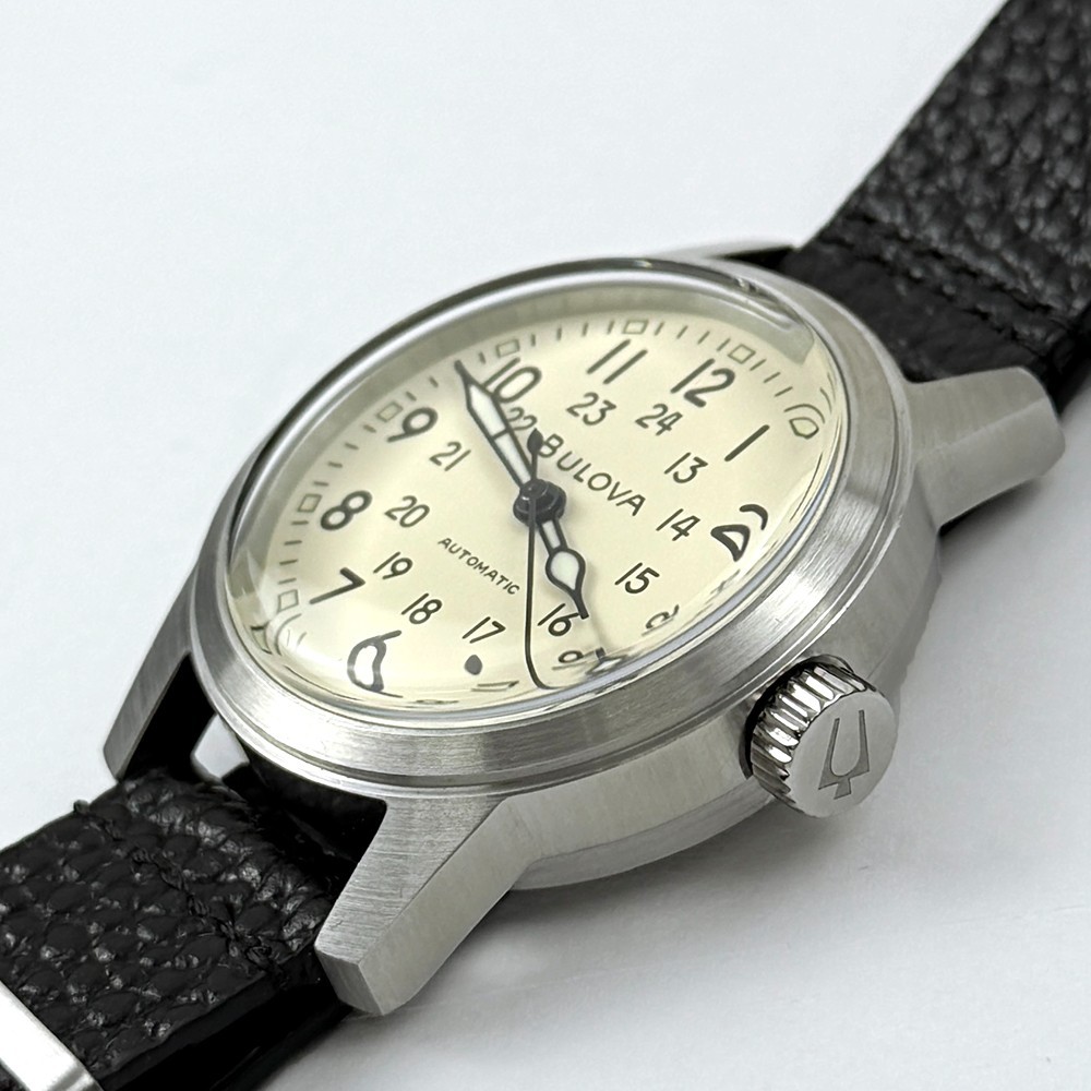 Bulova Men’s Hack Automatic Ivory Dial Black Leather Strap Watch 96A246