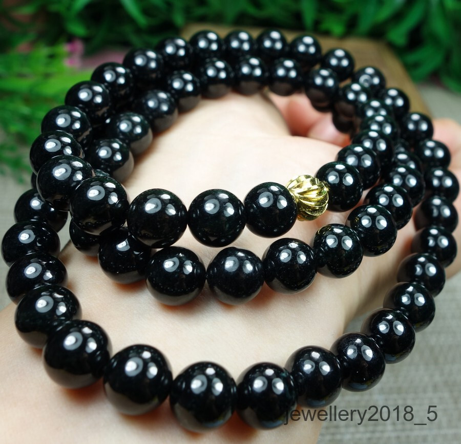 Certified Black Green Burma 100% Natural A jadeite jade Necklace 墨翠项链 26inches