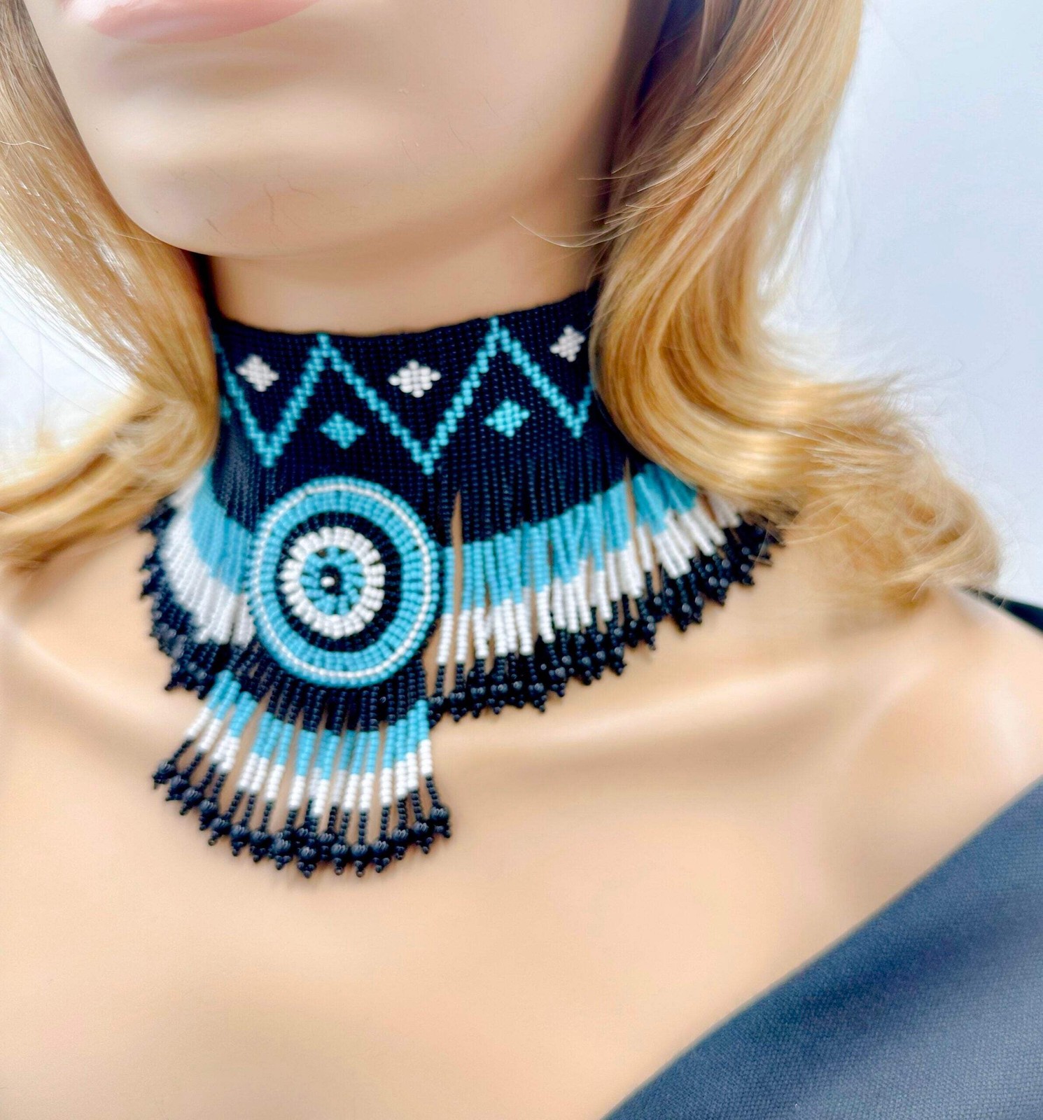 Cyan Blue & Black Native Style Beaded Choker