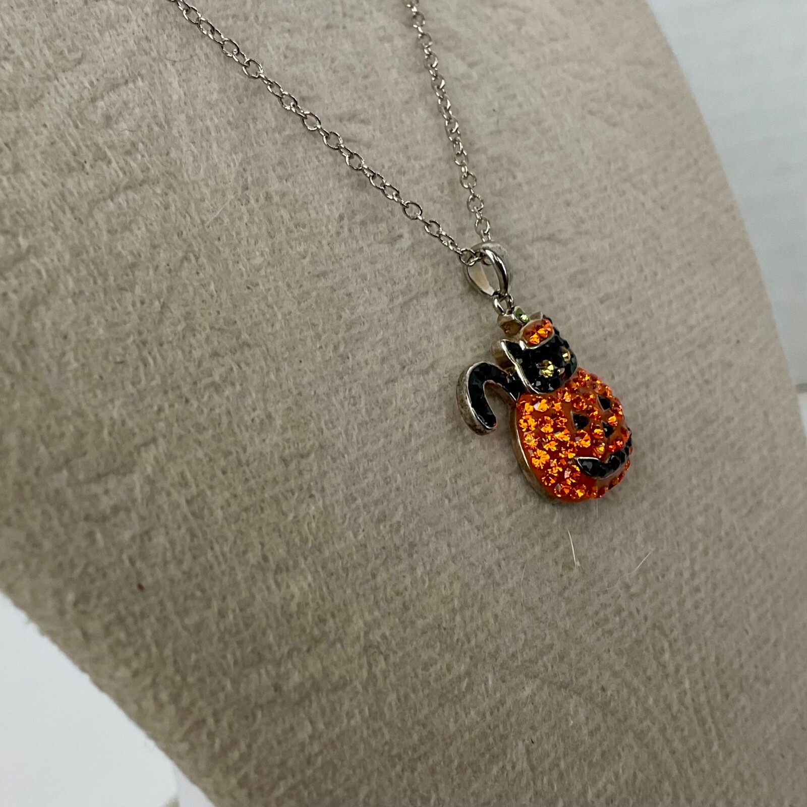 Halloween Black Cat & Pumpkin Necklace Pave Rhinestones Silver Tone 18” Chain