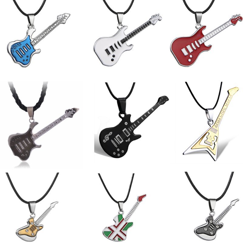 Fashion Men’s Unisex Stainless Steel Guitar Pendant Leather Necklace Jewelry New