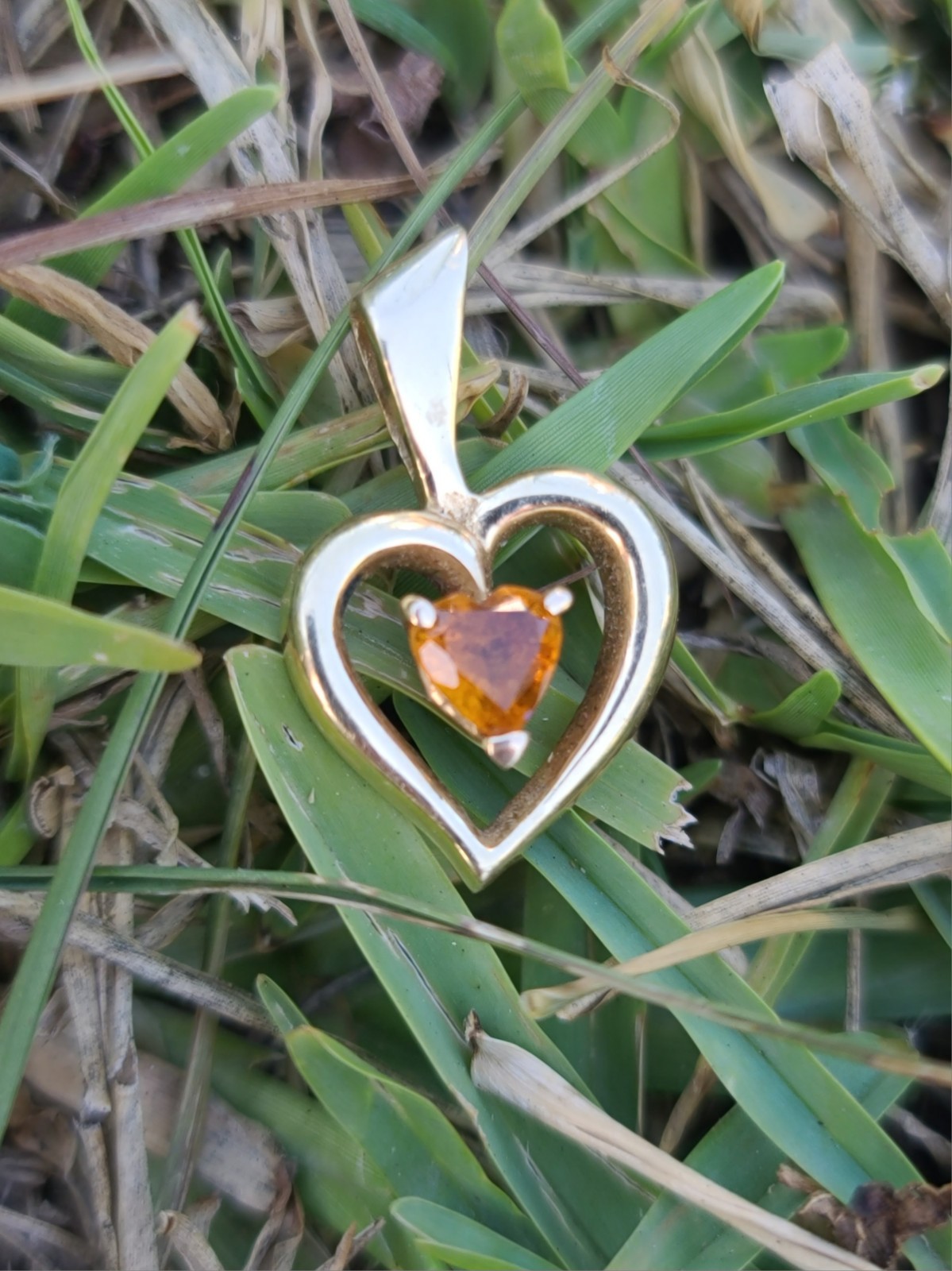 14k Solid Yellow Gold Orange Citrine Heart Charm Necklace Pendant 2grams