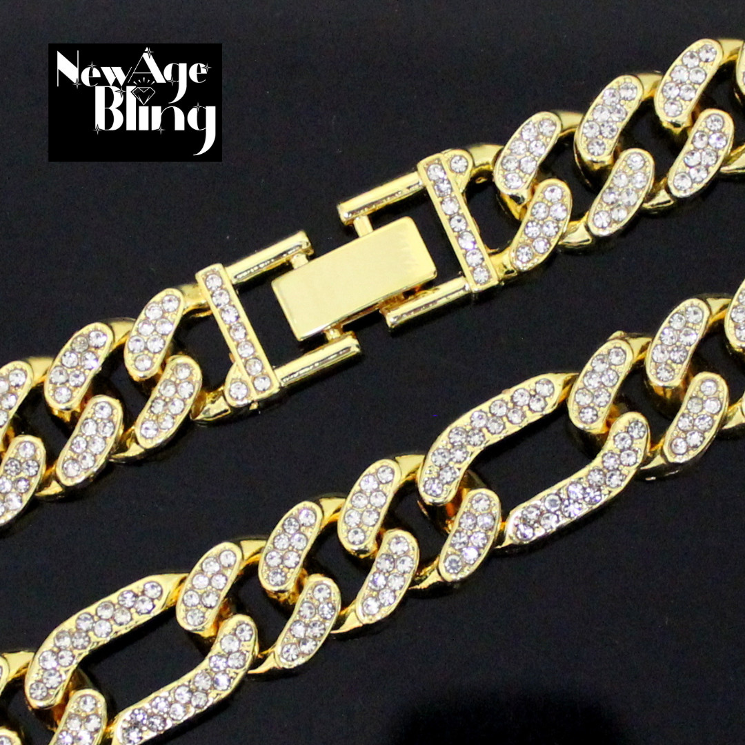 Mens 12mm Iced Double Row CZ Figaro Link 14k Gold Plated 7″-30″ Necklace Hip Hop