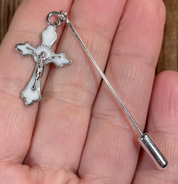 Cross Crucifix stick pin lapel hat brooch enamel silver tone White dangle charm