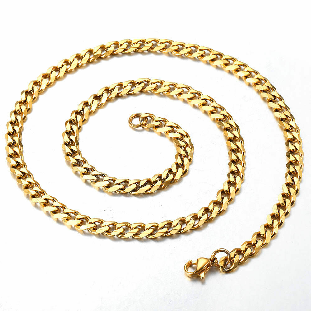 16″-36″ 3/5/7/9/11mm Gold Plated Stainless Steel Curb Cuban Mens Necklace Chain