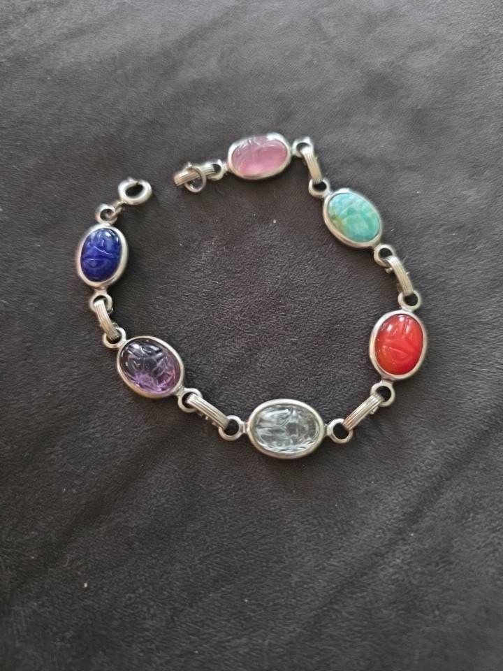 Scarab Beetle Bracelet White Gold Filled Carved Stone Multi-stone Vintage 7.5”