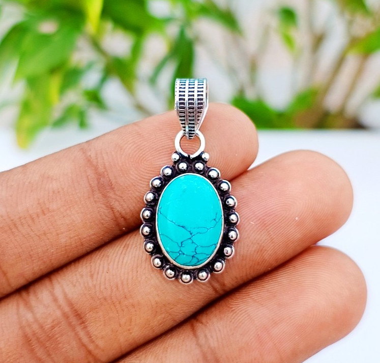 Natural Turquoise Gemstone Pendant 925 Sterling Silver Handmade Jewelry