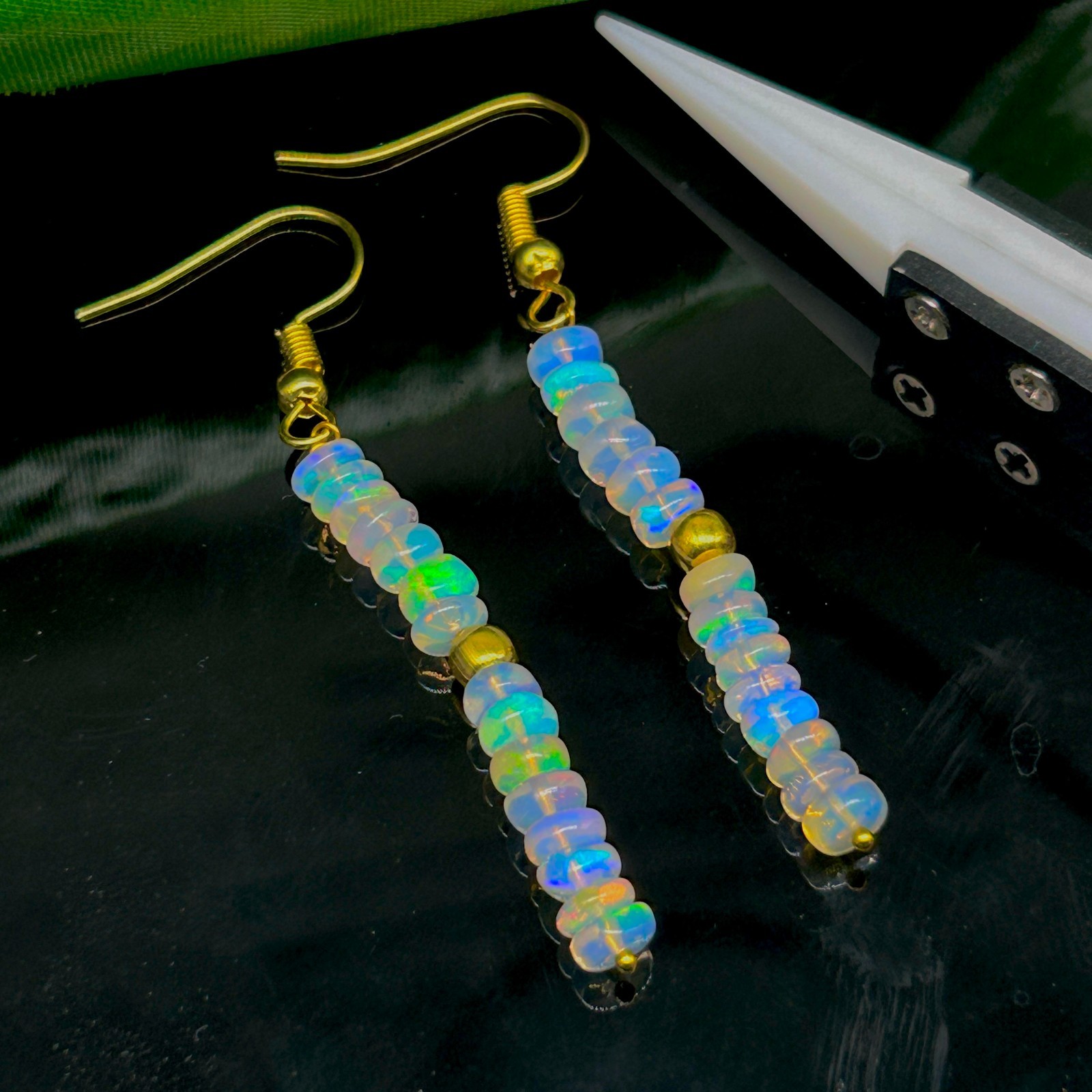 Multifire White Opal Beads Dangle Earrings, AAA+ Opal Gemstone Gold Earrings