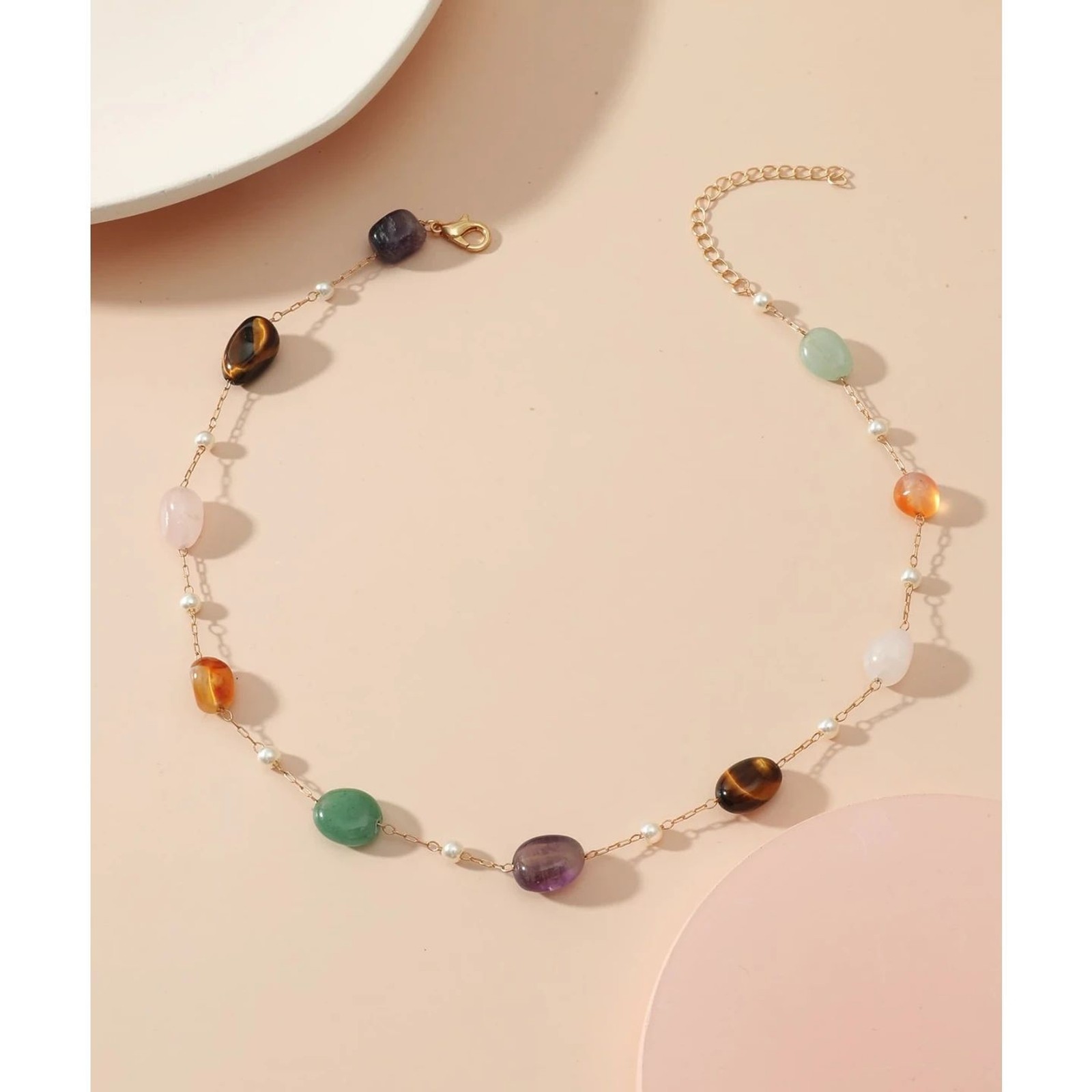 Natural Multi Gemstone Beaded Station Necklace Colorful Crystal Adjustable Gold