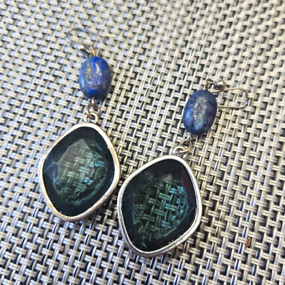 Silver tone blue cushion bezel set dangle drop earrings post closure 4 stone