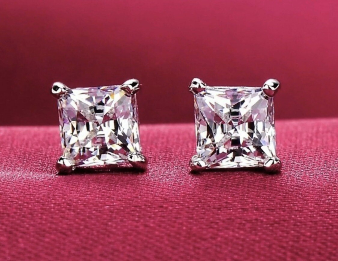 4 Ct Princess Cut FL/D Lab Created Stud Earrings 14K White Gold 7mm Push Back